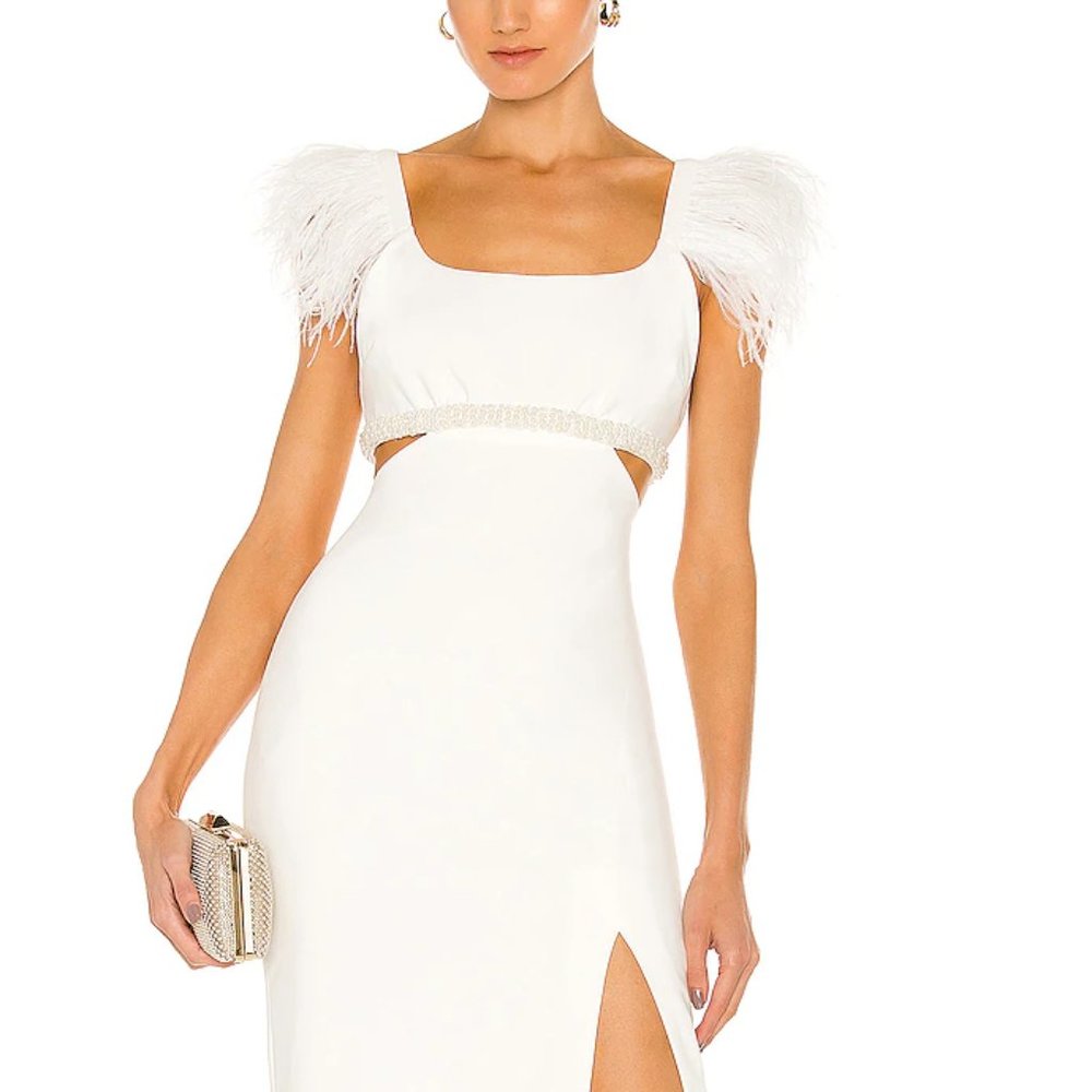 Likely Taliah Gown - Midi white dress with feathers on shoulders